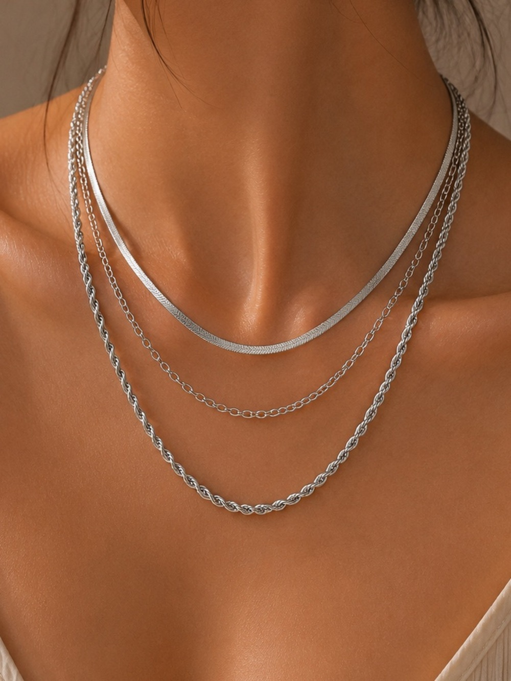 #225 Silver Stainless Steel Triple Layered Chain Necklace